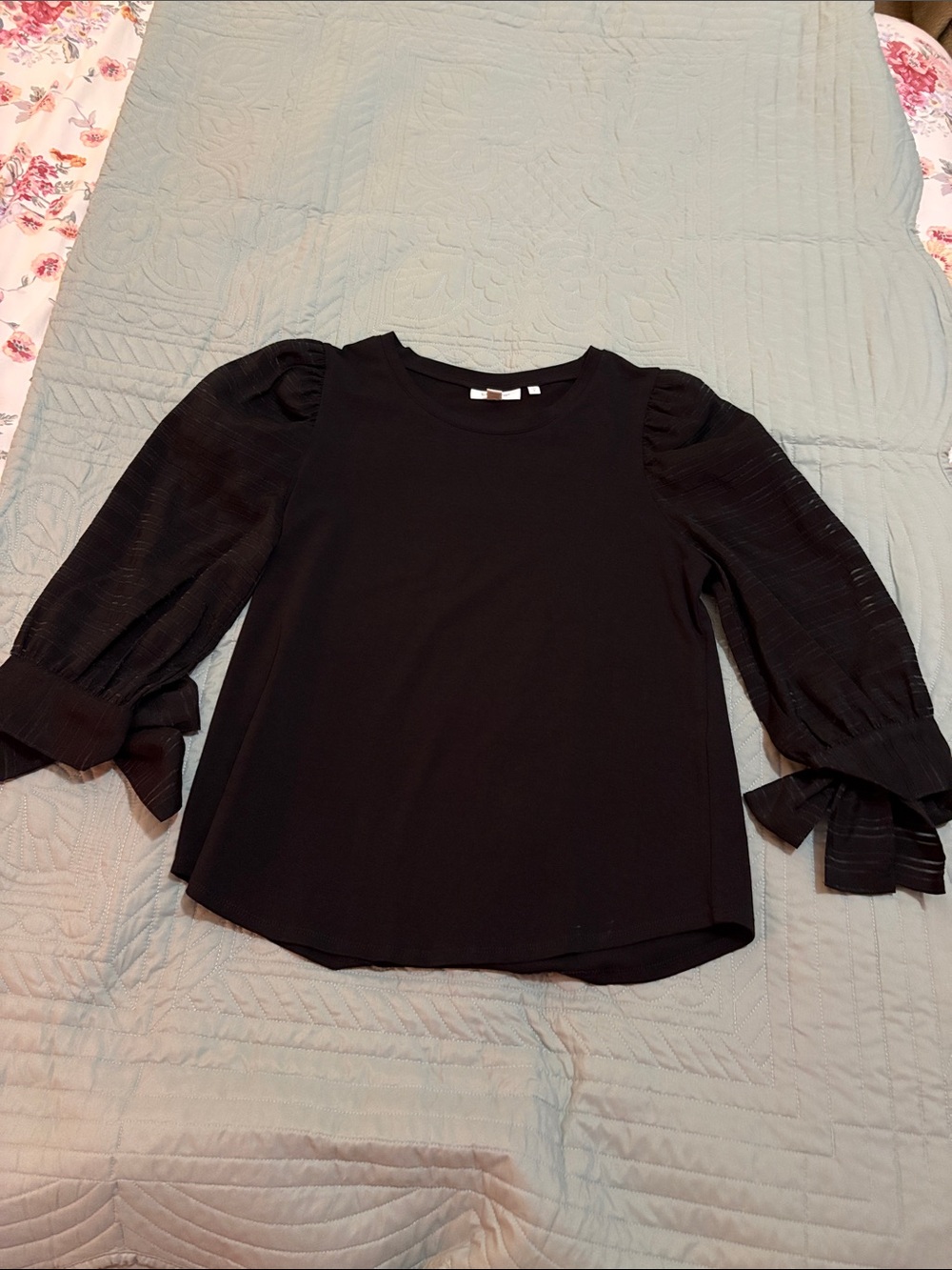 Chico's Black Puff-Sleeve Bow Cuff Blouse